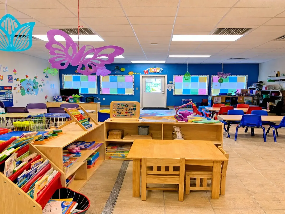 A colorful Southpointe classroom with books, child-sized tables and spaces to explore